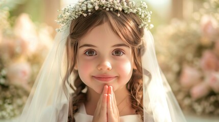First Holy Communion. A girl in a white dress folded her hands in prayer, happy after the Christian sacrament. Greeting card or invitation.