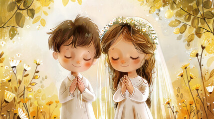 First Holy Communion. Two children in white clothes after the Christian sacrament. Greeting card or invitation