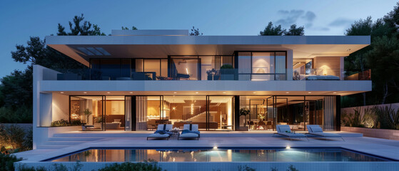 A luxurious modern house with sleek design, large windows, and an inviting infinity pool