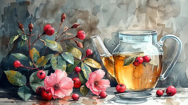 Illustration of glass jug with strainer, cup of tea, dog rose flowers, leaves, and red hips or fruits on gray background. Healthy and delicious drink. Colorful hand drawn modern illustration.