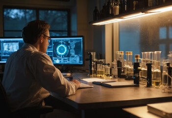 Scientist working on data analysis in a dark lab. Emphasis on research and technology.
