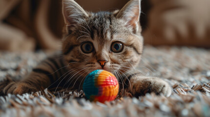 A cat playing with an interactive toy, showing curiosity and excitement in its wide eyes.