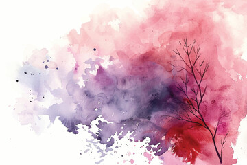 watercolor painting, soft pastel pink and purple color splash, tree silhouette, white background, splashes of paint