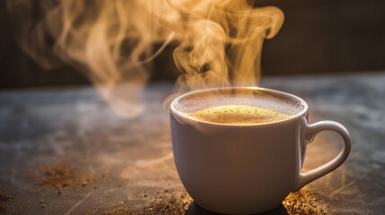 A steaming cup of freshly brewed coffee, aromatic steam rising from the surface, inviting you to take a sip