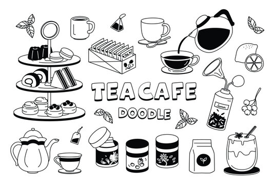 Doodle Tea Cafe. vector outline hand drawn cafe shop for menu and decoration.