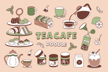 Doodle Tea Cafe. vector outline hand drawn cafe shop for menu and decoration.