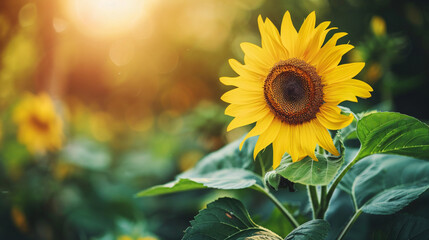 Closeup of Sunflower flower with green leaf under sunlight