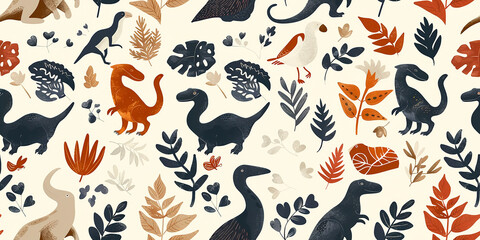 A colorful dinosaur print with a variety of dinosaurs and leaves