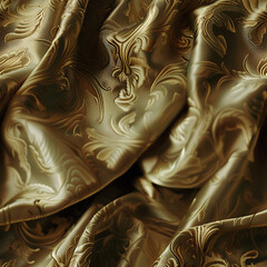 Luxurious golden fabric with ornate floral embossed pattern and shine
