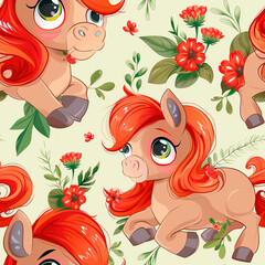 Playful red ponies with flowers on a creamy backdrop