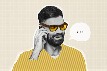 Composite photo collage of happy young man hold iphone speak line text box conversation dialogue...