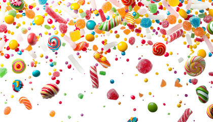 Many flying candies on white background