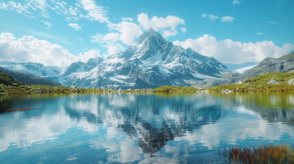 A picturesque scene of a snow-capped mountain reflected in a crystal-clear lake, surrounded by untouched wilderness.