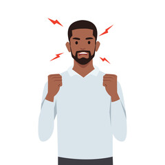 Young man angry and raised fist and shout or screaming expression. Man expresses negative emotions and feelings. Flat vector illustration isolated on white background