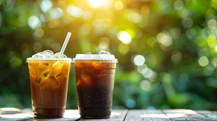 Closeup of takeaway plastic cup of iced black coffee 