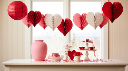 Curtains and the hearts as a decoration of the newlyweds' table

