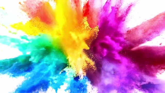 Dynamic explosion of rainbow-colored dust. Explosive burst of colored paint powder in rainbow hues isolated on white background