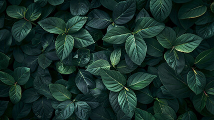 Closeup of top view of green leaves in dark tones 