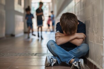 Fototapeta premium Schoolboy sitting alone: aftermath of bullying in corridor