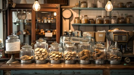 Vintage 1950s Bakery Counter Displaying Cookies and Sweets Under Warm Lighting