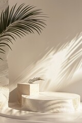 Abstract podium and palm leaf backdrop: Modern event styling