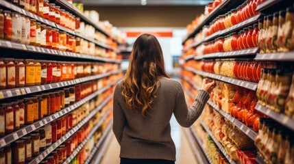 A woman carefully examines different canned food items on a grocery store shelf