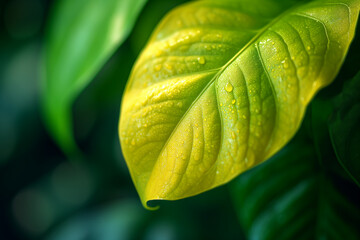 Green young monstera leaf with water droplets hi-res wallpaper background