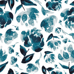 Watercolour floral in dark teal. Seamless pattern. - 793822572