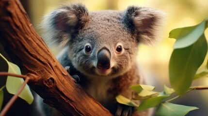 Koala Bear sits on The Branch of the tree and eats leaves, blur Background, and wallpaper. - obrazy, fototapety, plakaty