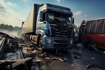 AI generated image of heavy truck accident in evening on highway