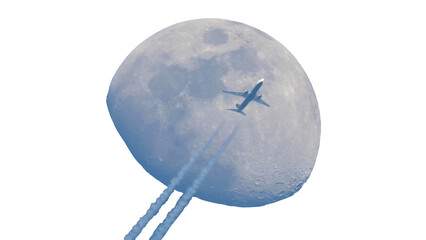 A plane crosses in front of the moon, its fuel vapor trail can be seen in the sky. Crescent moon...