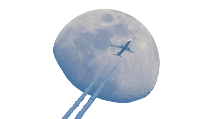 A plane crosses in front of the moon, its fuel vapor trail can be seen in the sky. Crescent moon during sunset with transparent background. Photograph taken with telescope and camera