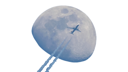 A plane crosses in front of the moon, its fuel vapor trail can be seen in the sky. Crescent moon during sunset with transparent background. Photograph taken with telescope and camera reflex. 