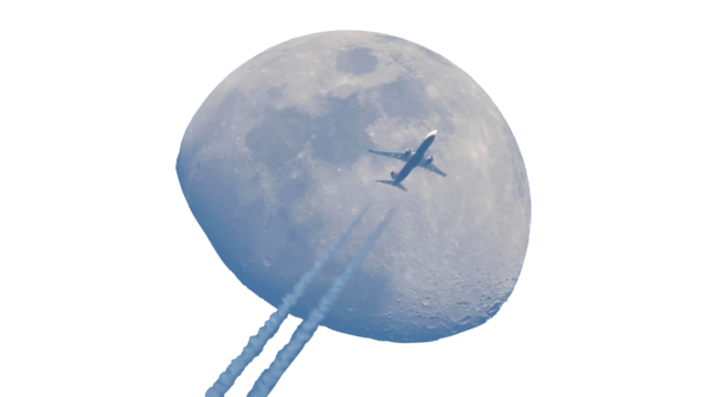 A plane crosses in front of the moon, its fuel vapor trail can be seen in the sky. Crescent moon during sunset with transparent background. Photograph taken with telescope and camera