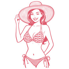 Smiling woman in swimsuit and beach hat, vector illustration