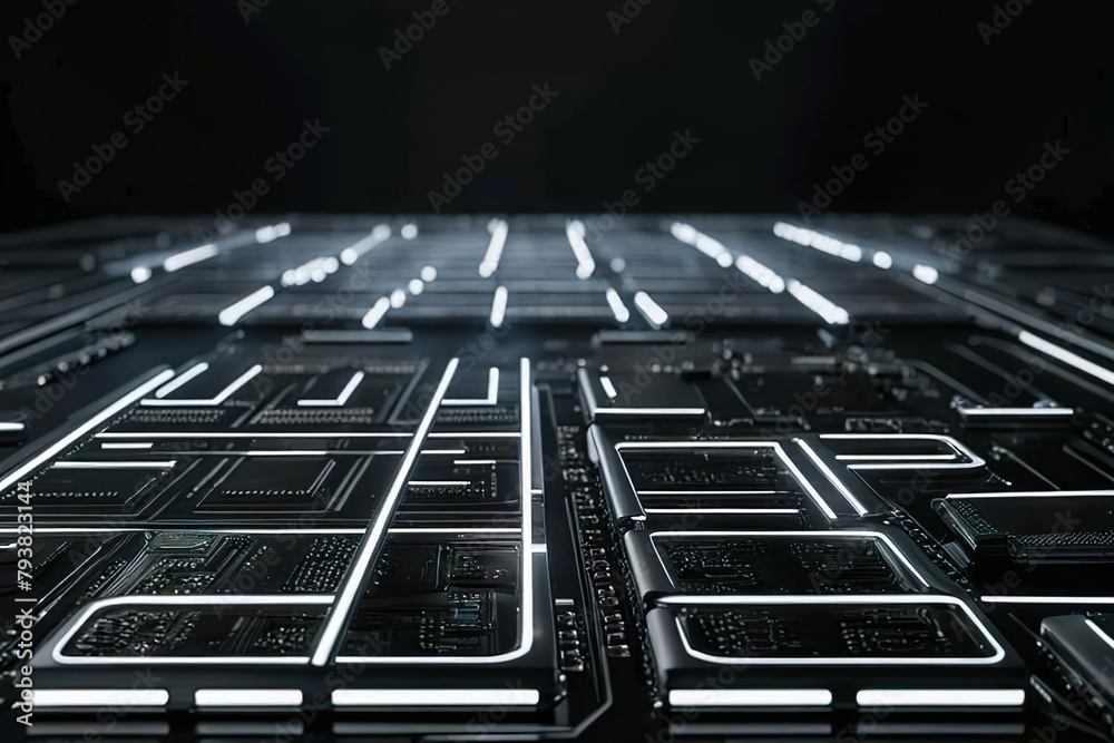 Poster printed circuit board futuristic server on board. 3d, monochrome. computer technology. neon lights