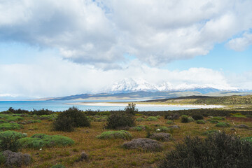 Beautiful shot of Lago Sarmiento lake viewpoint in Torres del Paine park in Chilean Patagonia.