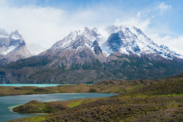 Beautiful landscape view of snowed mountain in Nordenskjöld lake in Torres del Paine park in Chile