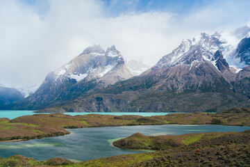 Beautiful landscape view of Lago Nordenskjöld lake in Torres del Paine park in Chilean Patagonia