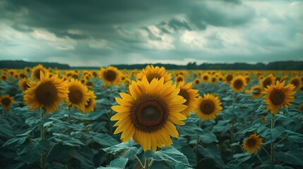 Sunflower field under cloudy sky