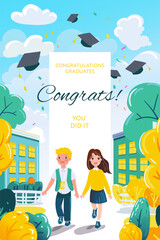 Congrats graduates, vector illustration. Cartoon flat boy and girl students characters celebrating graduation, going from school or college. Graduation concept