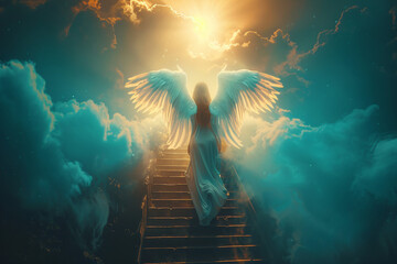 Angel climbing the stairvway to heaven judgment day generative ai - obrazy, fototapety, plakaty
