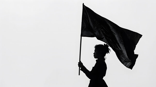 A black silhouette of a woman holding a flag and a pole in the air, labor day background image with coy space