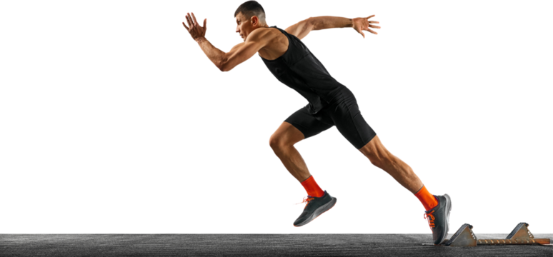 Dynamic portrait of young sportsman, professional runner runs up quickly in motion against transparent background. Concept of sport, active and healthy lifestyle, action. Ad. Copy space.