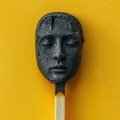 Burnt match head in the form of a human face, concept of burnout, fatigue, emptiness and dissatisfaction
