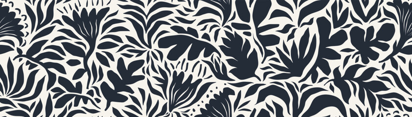 Abstract shape leaf and flower organic seamless pattern. black floral leaves geometric pattern.