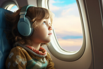 A young passenger seat looks out the windows of the airplane created generative AI technology