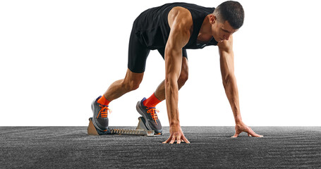 Young athletic man, professional jogger preparing to run while standing at low start against transparent background. Concept of sport, active lifestyle, action. Copy space for text. Ad