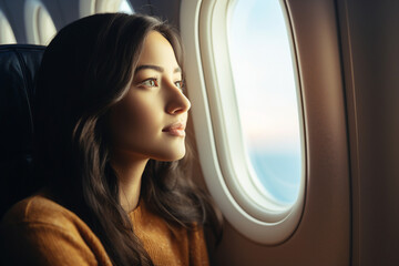 Woman sit on the airplane near window created generative AI technology