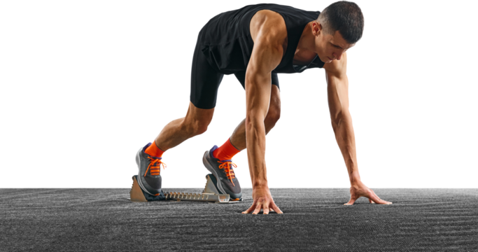 Young athletic man, professional jogger preparing to run while standing at low start against transparent background. Concept of sport, active lifestyle, action. Copy space for text. Ad